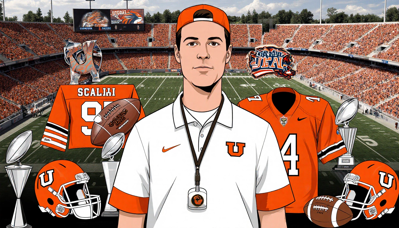 Morgan Scalley stands before Utah football stadium with whistle highlights and trophies in orange and white