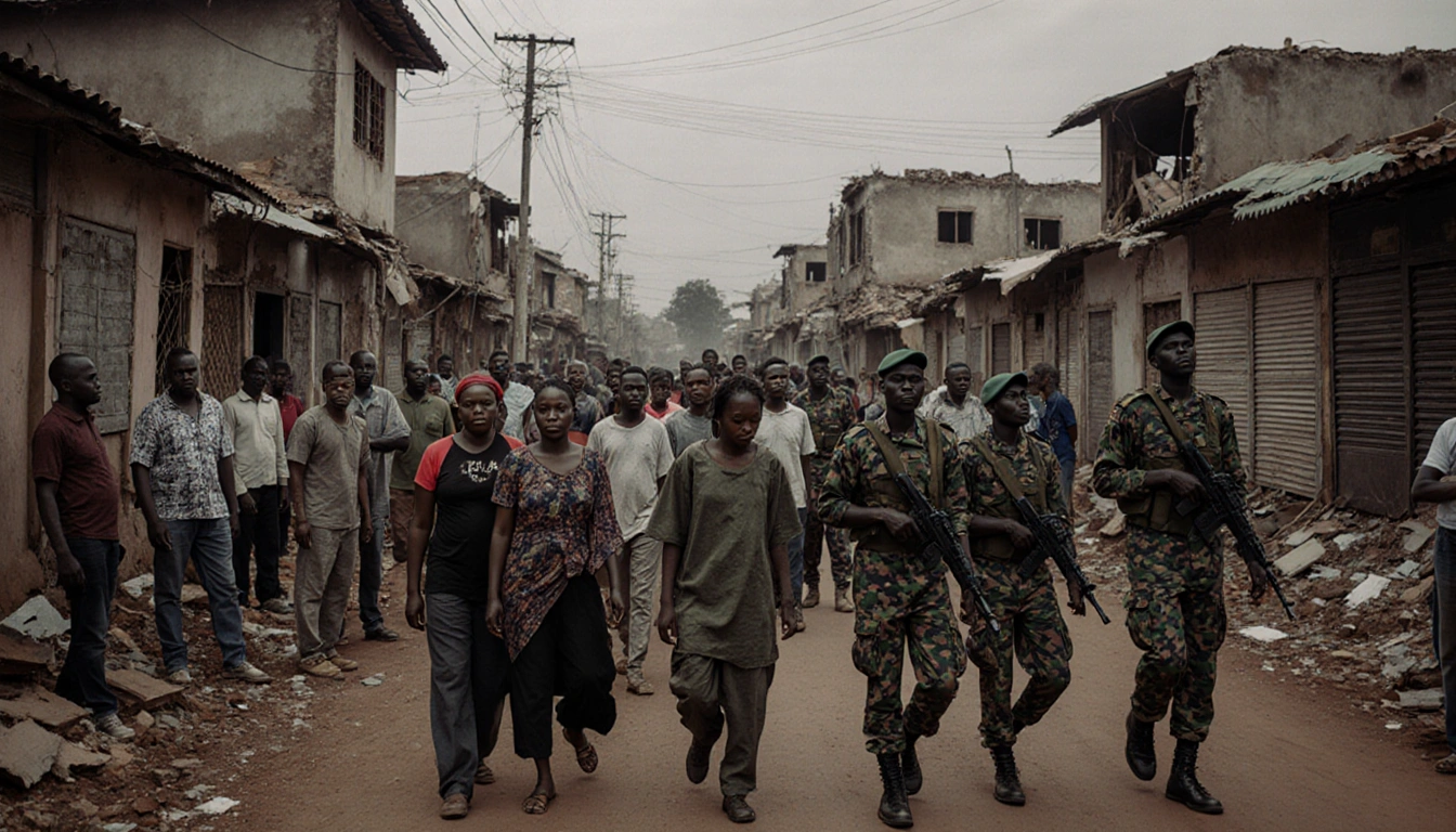 Civilians walking cautiously with rebels standing beside them near destroyed buildings