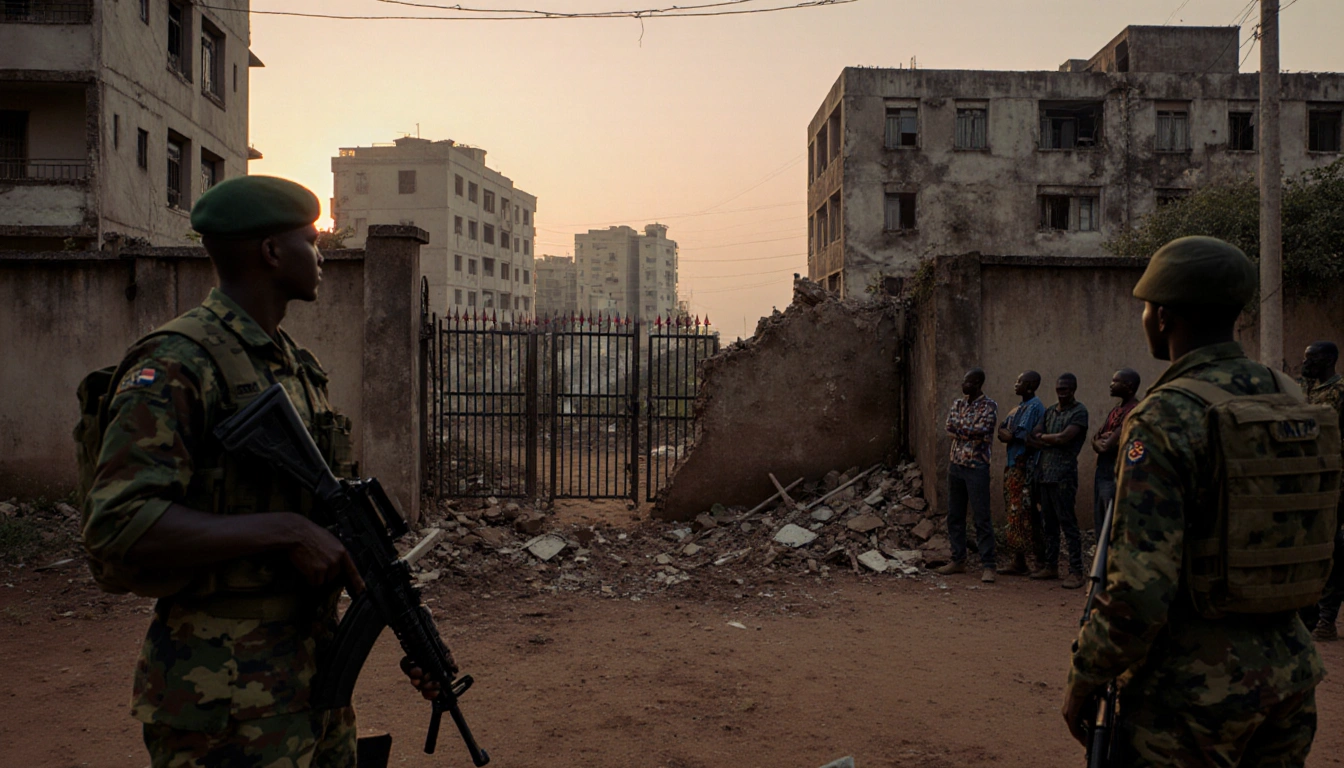 M23 rebels standing at a partially destroyed city gate with rubble and locals watching in twilight.
