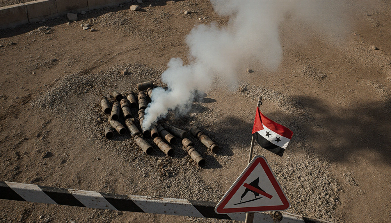Smoke rising from an unexploded ordnance cluster with a warning sign and mediator flag in the foreground