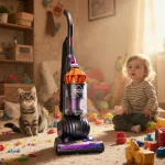 Cat looks up at camera with toddler and colorful vacuum cleaner amid cluttered playroom.