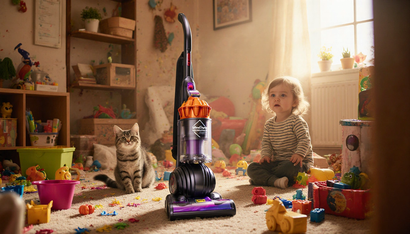 Cat looks up at camera with toddler and colorful vacuum cleaner amid cluttered playroom.