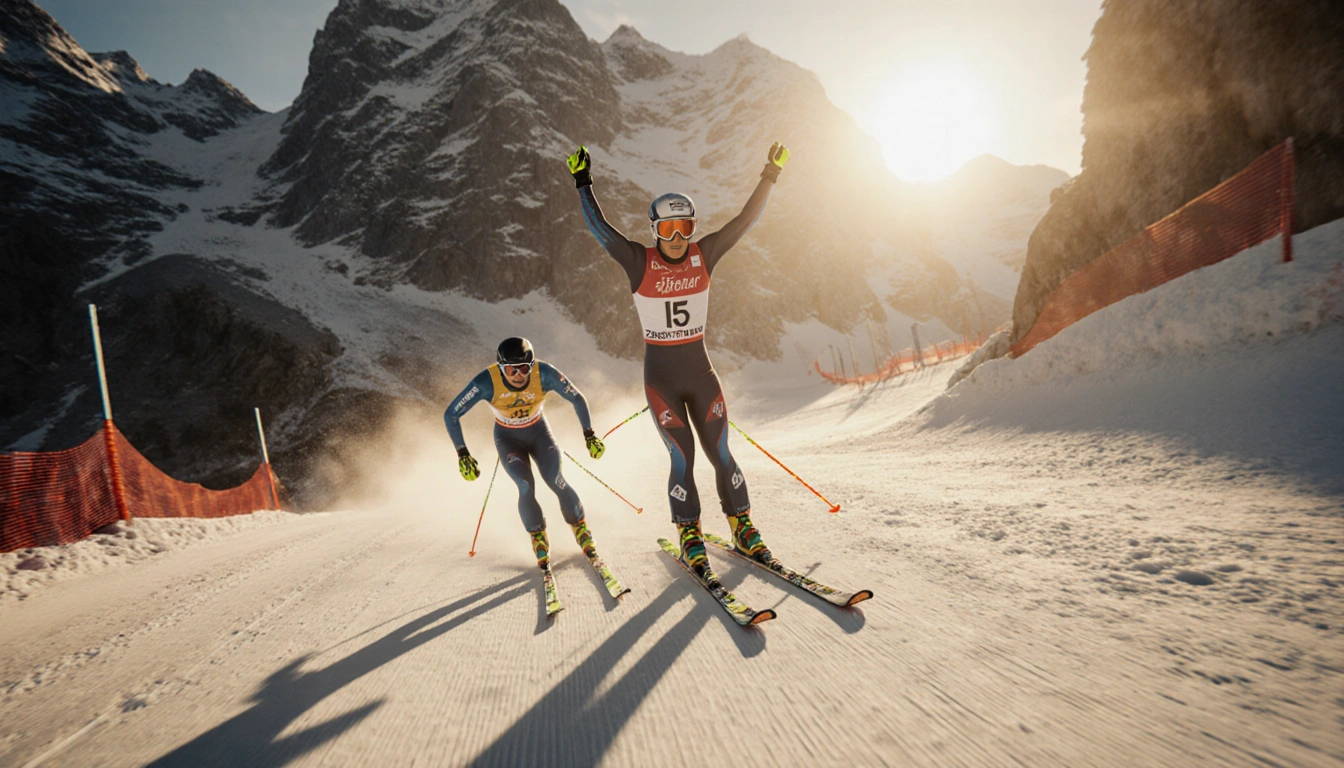 Skiers racing down Val Gardena super-G course with Zabystran's triumphant stride and Odermatt's frustrated expression Dolomit
