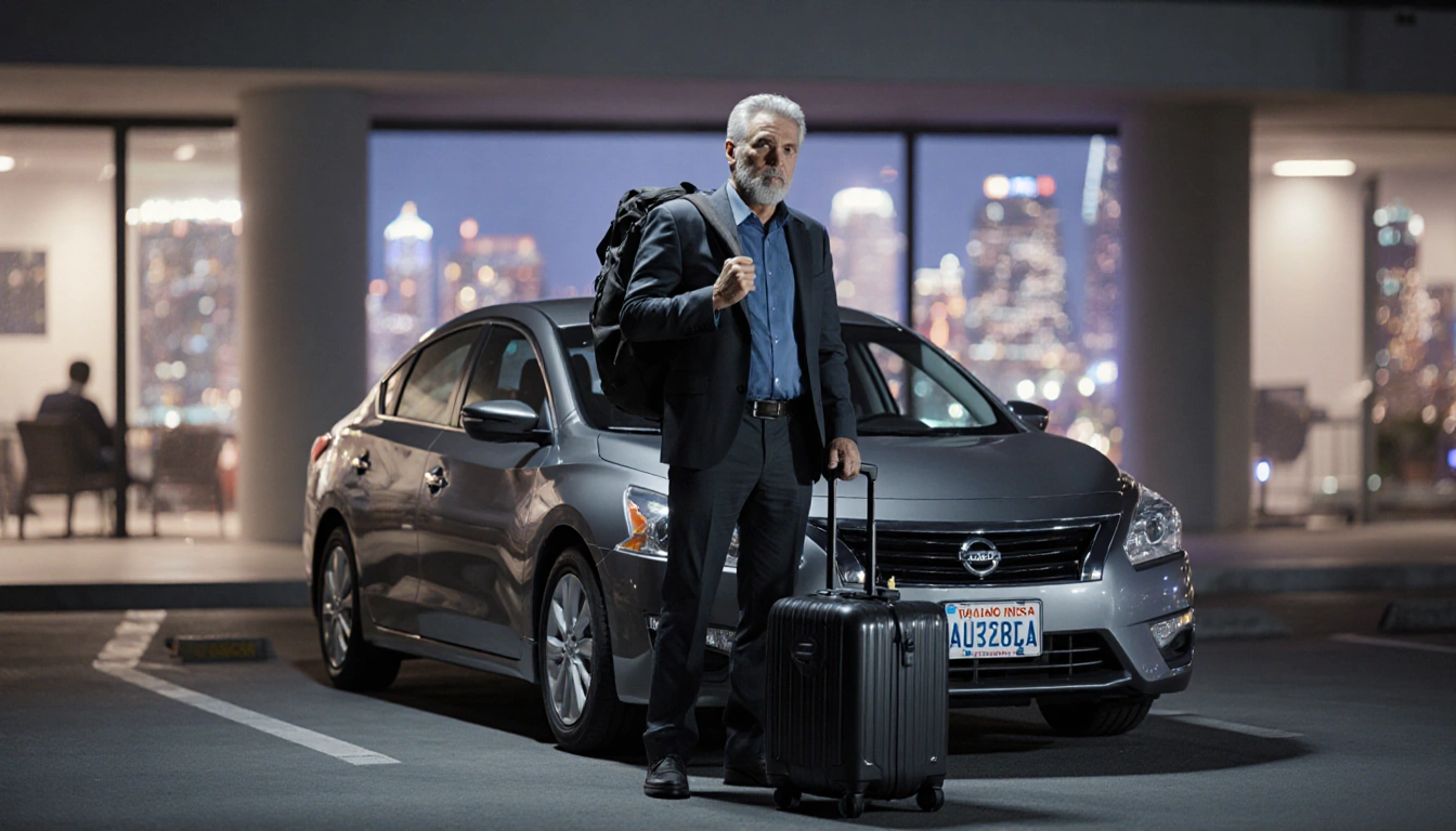 Valente stands with suitcase beside Nissan car Florida plates holding passport and Boston skyline