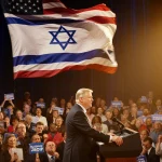 Vice President J.D. Vance addressing a crowd with a waving American flag and a subtle Star of David in the banner.