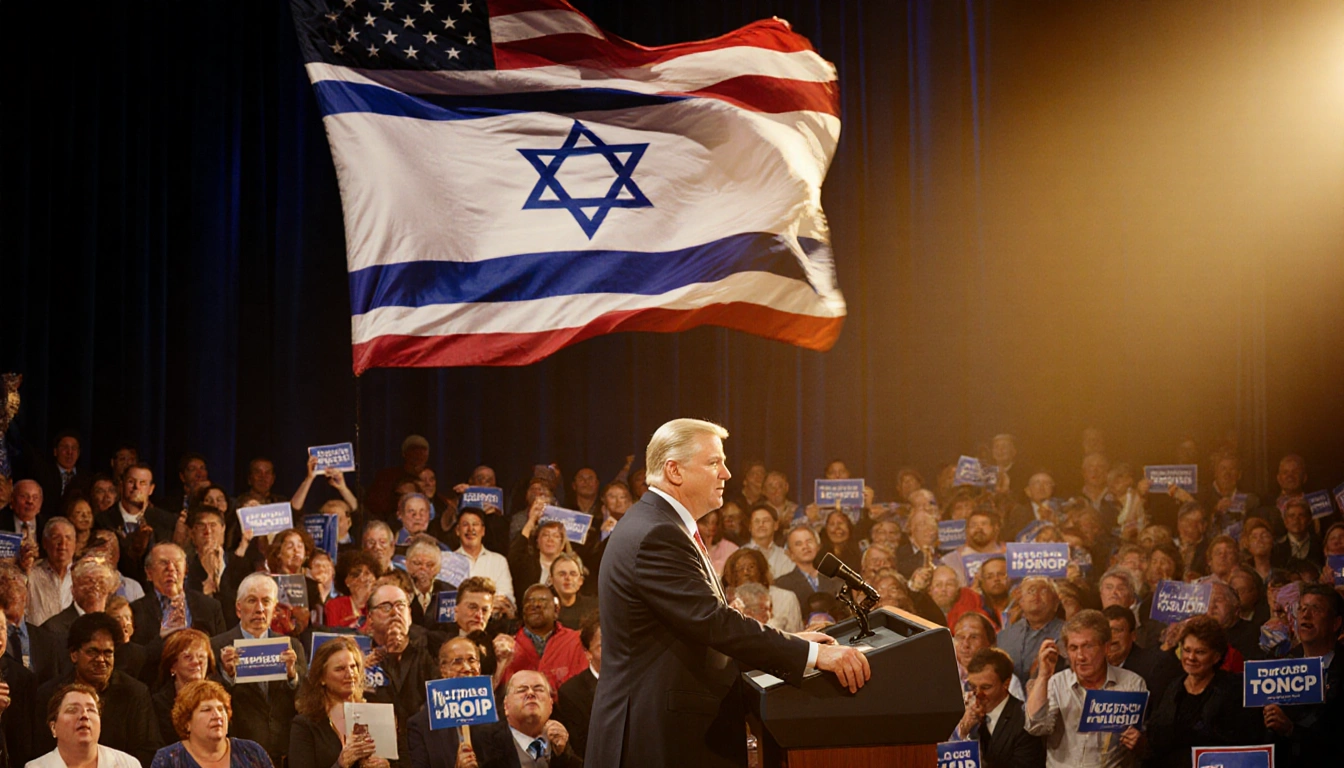 Vice President J.D. Vance addressing a crowd with a waving American flag and a subtle Star of David in the banner.