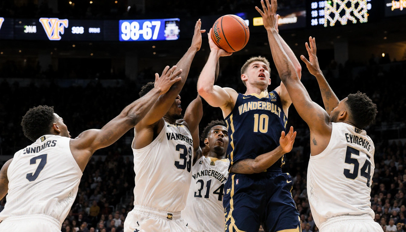 Vanderbilt Commodores applying defensive pressure on a Wake Forest player with the 98-67 scoreboard and logo in background