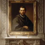 Portrait of Burkhard Scheffler hanging above altar with intricate carvings and soft diffused light