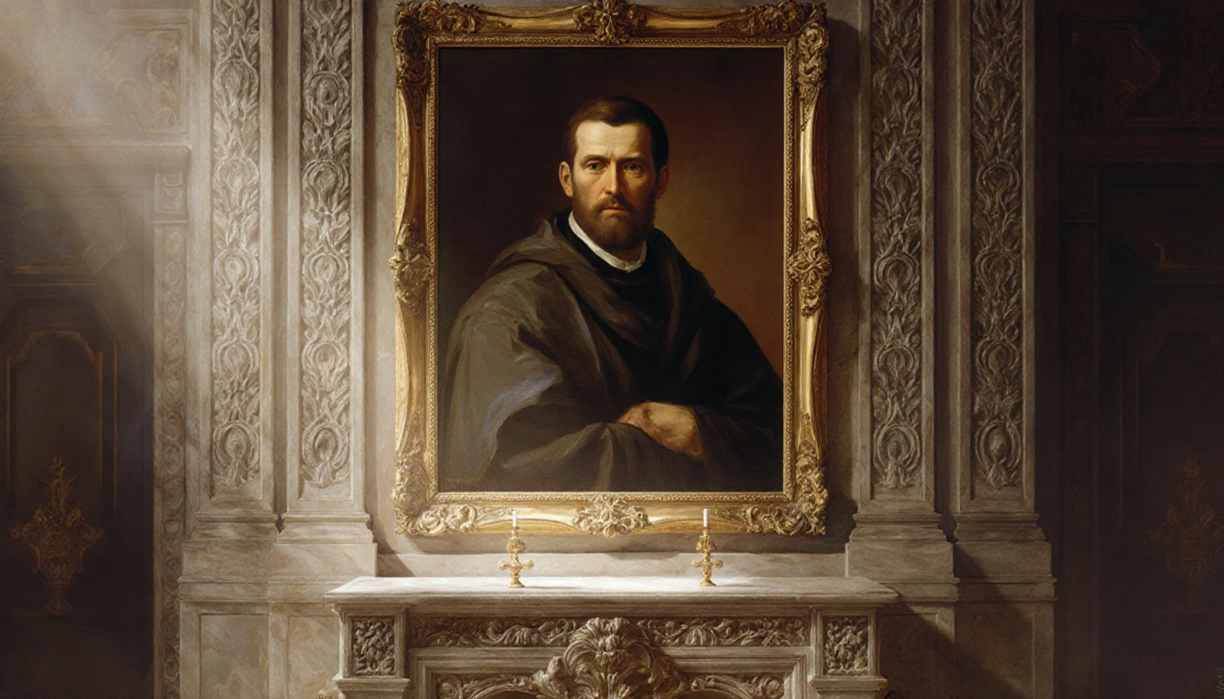 Portrait of Burkhard Scheffler hanging above altar with intricate carvings and soft diffused light