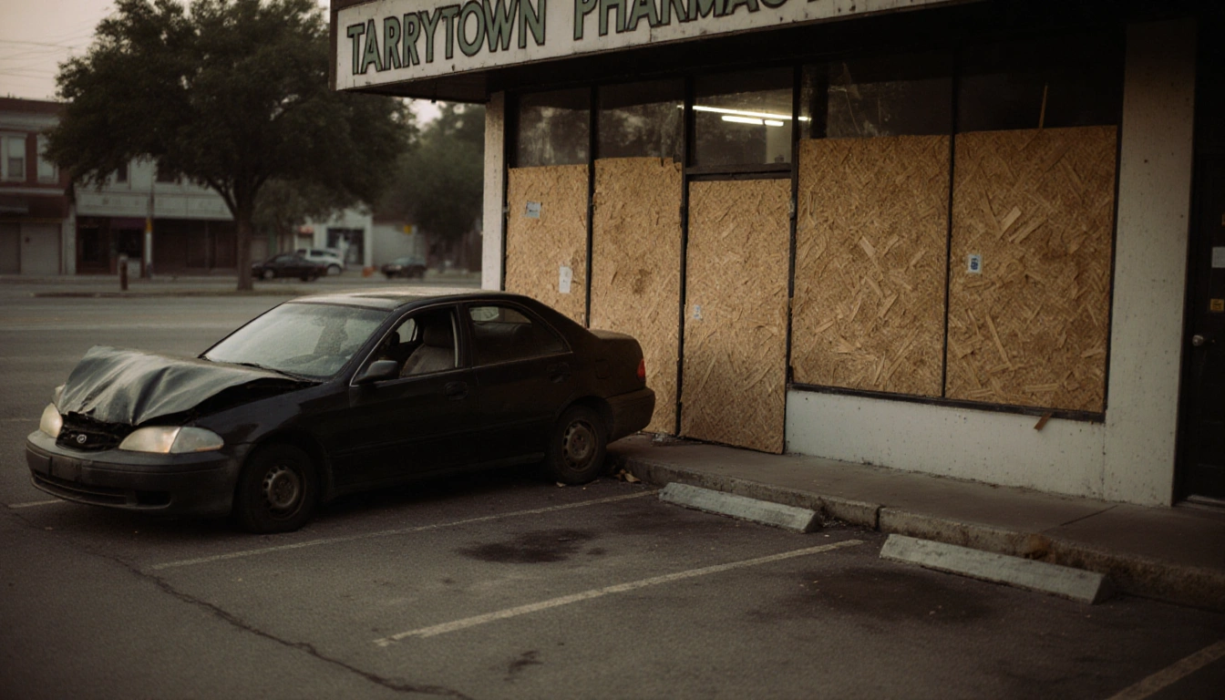 Crumpled car hood lies against Pharmacy wall with bumper behind boards glows through gaps in dusty lot