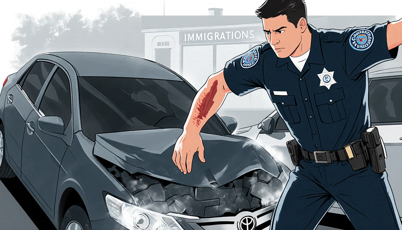 Parias ramming his vehicle into an immigration officer's car with an elbow injury visible and a defiant expression