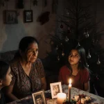Mariela Gomez sits with a candle and light spilling on her and her worried children near a faded Christmas tree
