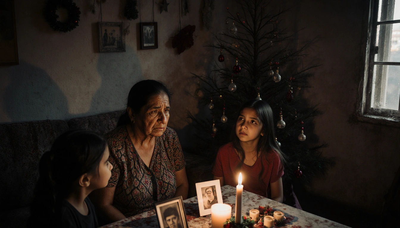 Mariela Gomez sits with a candle and light spilling on her and her worried children near a faded Christmas tree