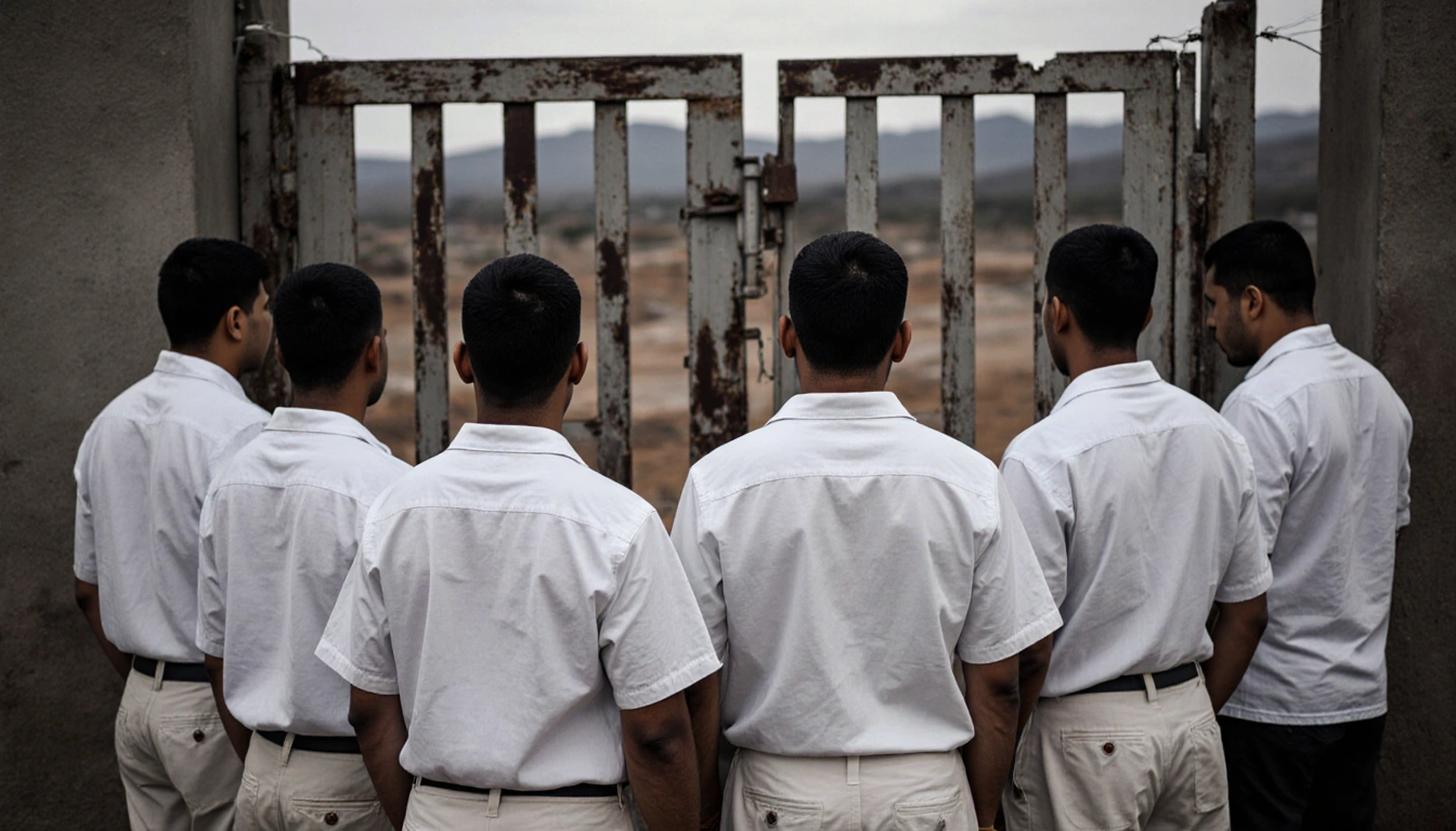 Group of Venezuelan migrants standing together with a worn wooden gate at CECOT and a blurred gray prison background