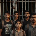 Venezuelan migrants standing before a barred prison door with chains in the dim cell behind eyes fixed on camera