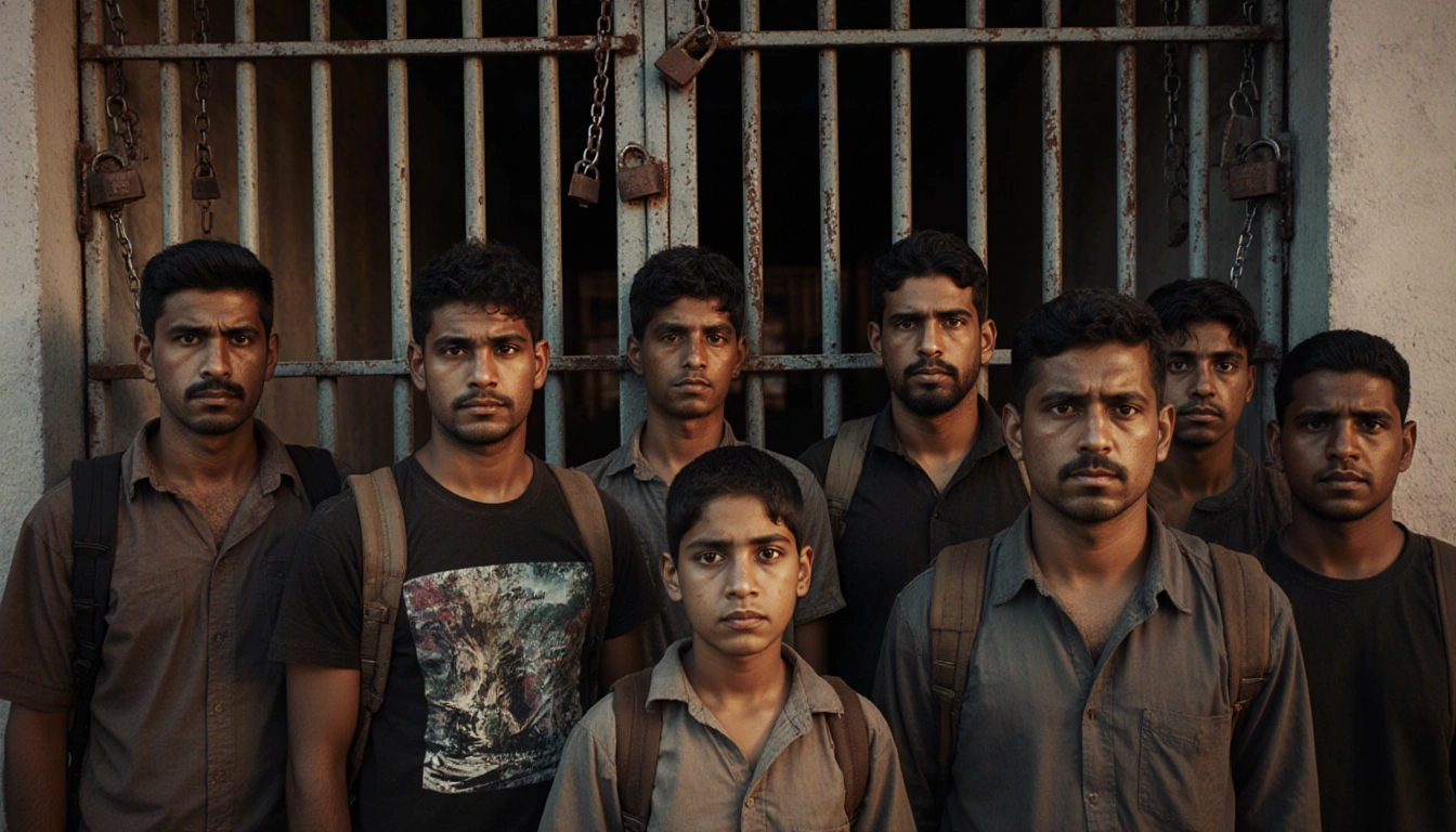 Venezuelan migrants standing before a barred prison door with chains in the dim cell behind eyes fixed on camera
