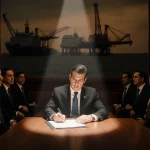 President signing bill with spotlight in dimly lit Venezuelan assembly and blurred oil rigs background