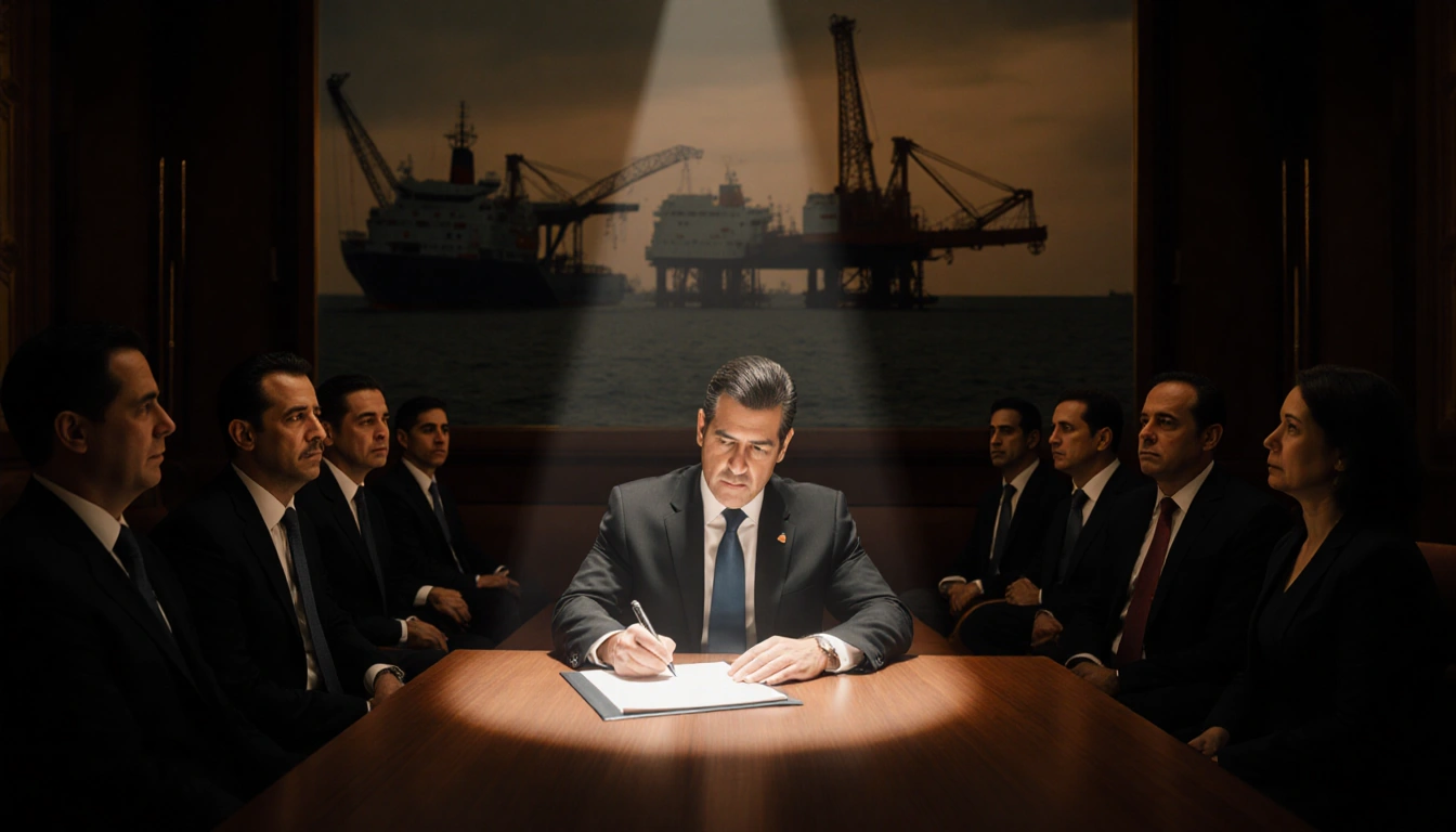 President signing bill with spotlight in dimly lit Venezuelan assembly and blurred oil rigs background