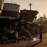 Child looking up at street market with oil spill on cracked pavement and faint Venezuelan flag in background