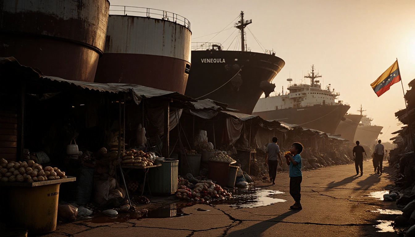 Child looking up at street market with oil spill on cracked pavement and faint Venezuelan flag in background