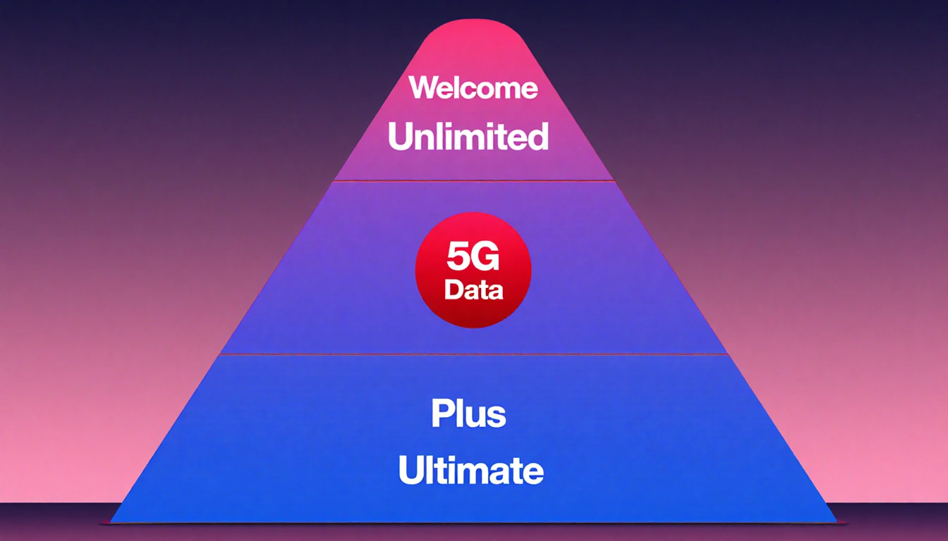 Verizon's unlimited lineup towers as a three-tiered pyramid over a bold red 5G icon with branded labels.
