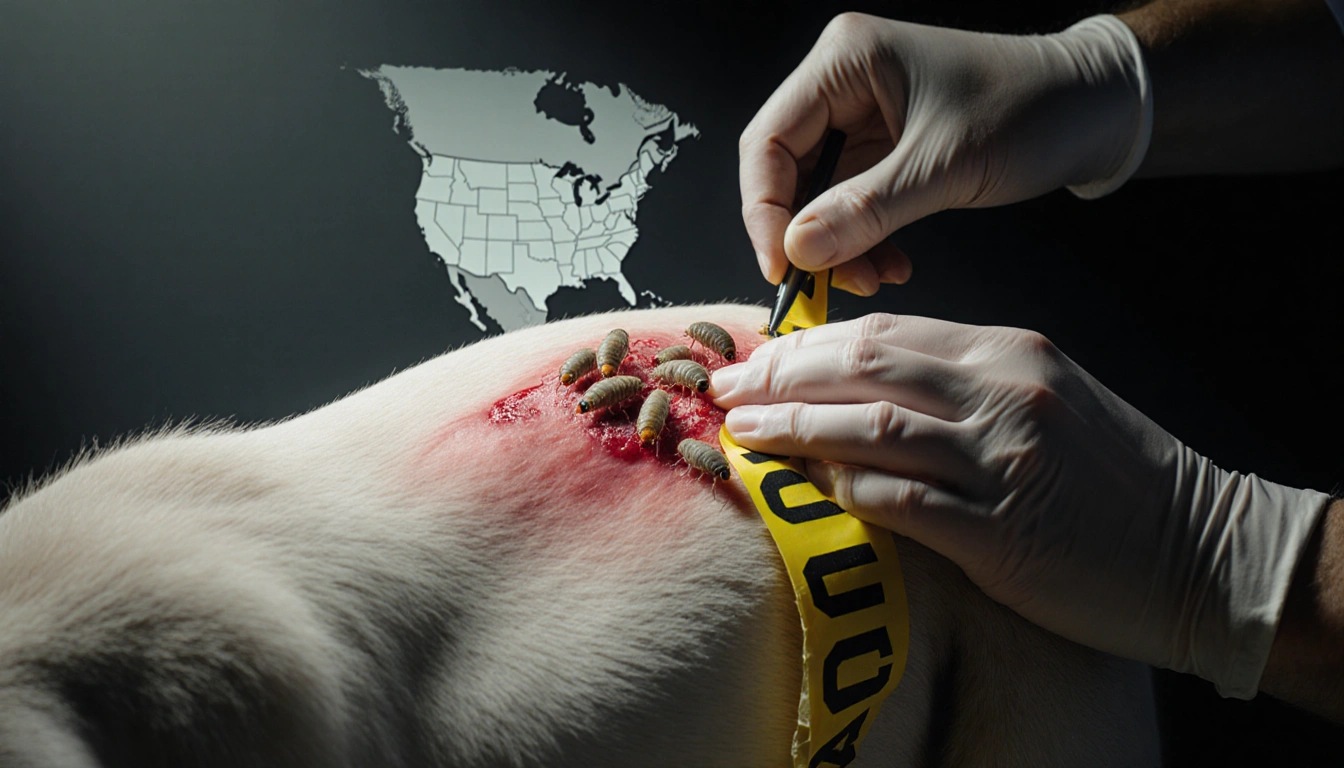 Medical professional examining an animal wound with visible maggots and yellow caution tape in the background.