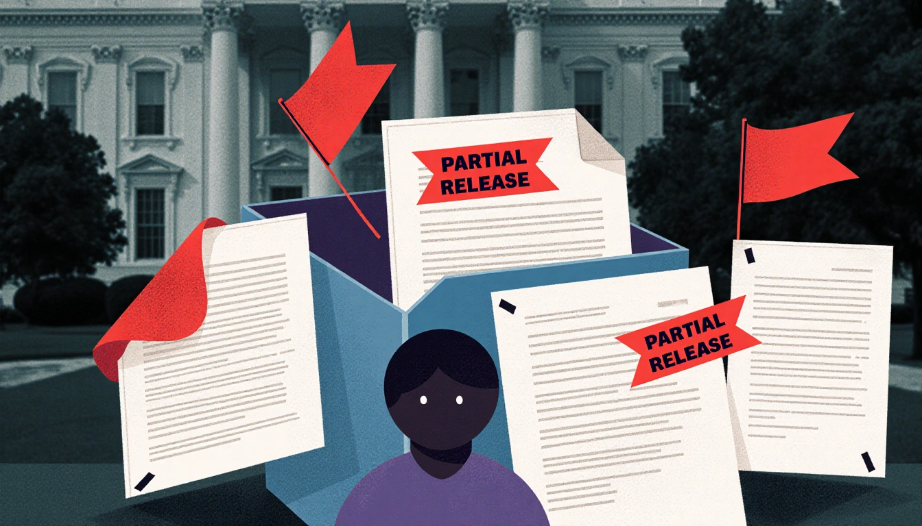 Victim reviewing partially released confidential files with red tape near a blurred Justice Department building.