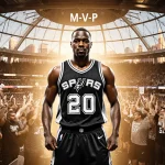 Victor Wembanyama removes sweatpants with Spurs jersey and chanting M-V-P behind him and Las Vegas skyline reflected in roof