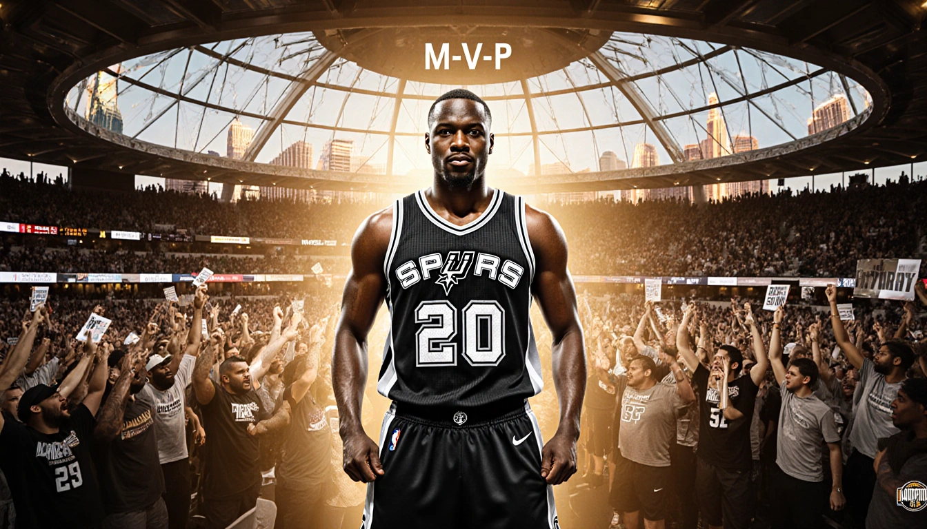 Victor Wembanyama removes sweatpants with Spurs jersey and chanting M-V-P behind him and Las Vegas skyline reflected in roof