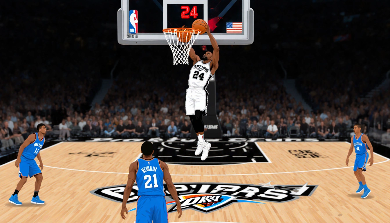 Victor Wembanyama slam‑dunking the ball into a net with a red '24' score marker above and a blurred Spurs logo on the court