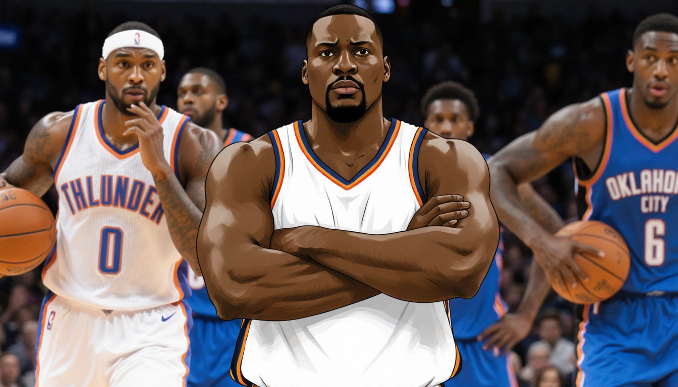 Victor Wembanyama stands Oklahoma City Thunder offense with arms crossed and hands on hips Jalen Williams in background