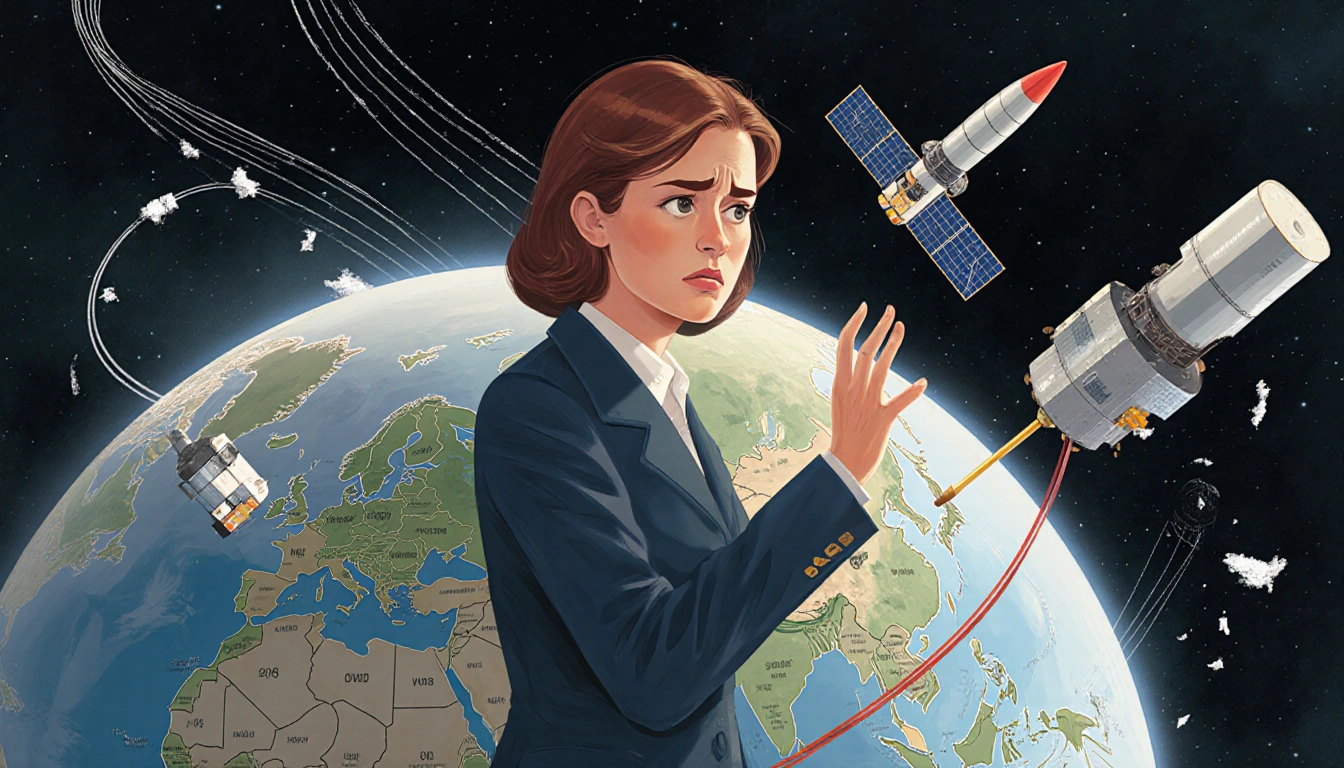 Victoria Samson space security specialist examines satellite map with dismissive gesture and debris background