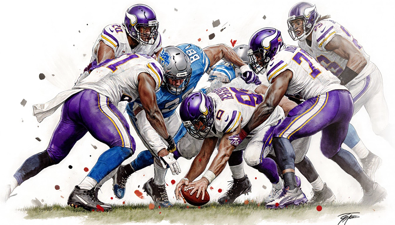 Vikings defenders tackling Jared Goff as he fumbles with chaotic snap from Kingsley Eguakun