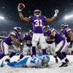 Harrison Smith stands tall with arms outstretched, helmet raised in triumph beside Vikings and Lions quarterback glow in snow