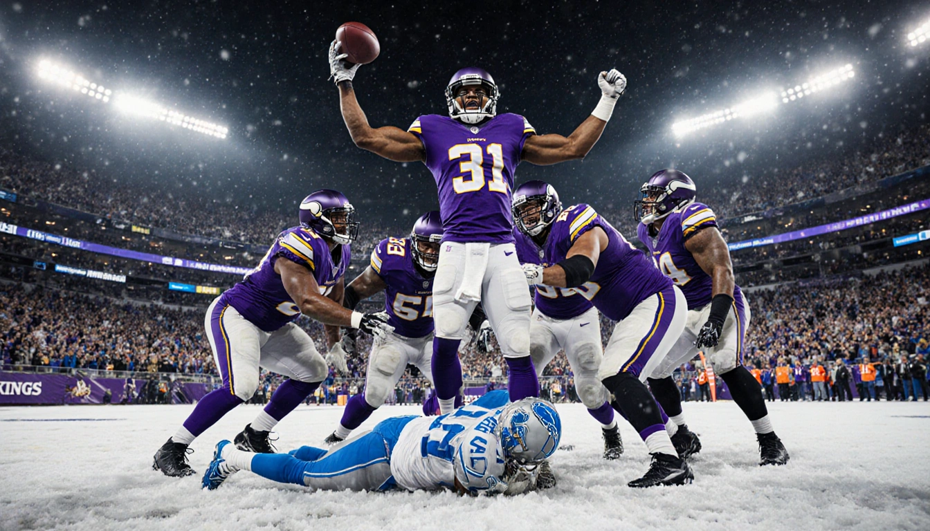 Harrison Smith stands tall with arms outstretched, helmet raised in triumph beside Vikings and Lions quarterback glow in snow