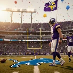 Vikings quarterback celebrates with confetti and balloons on football field during Christmas with Goff standing alone.