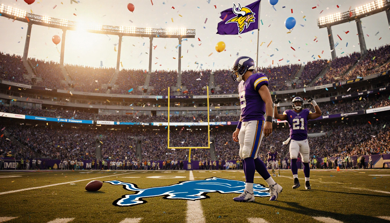 Vikings quarterback celebrates with confetti and balloons on football field during Christmas with Goff standing alone.