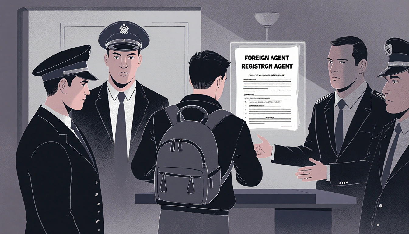 Young Vinatier being arrested with Russian officers in formal suits and a legal document about foreign agent registration