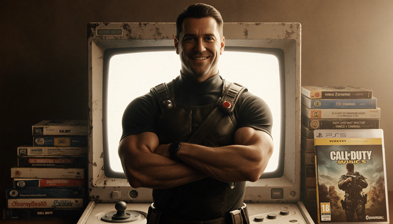 Vince Zampella standing with arms crossed and a nostalgic smile in front of a worn gaming console and Call of Duty box.