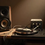 Vinyl record player spins on wooden table with preamp beside it and warm lighting illuminating speaker cones