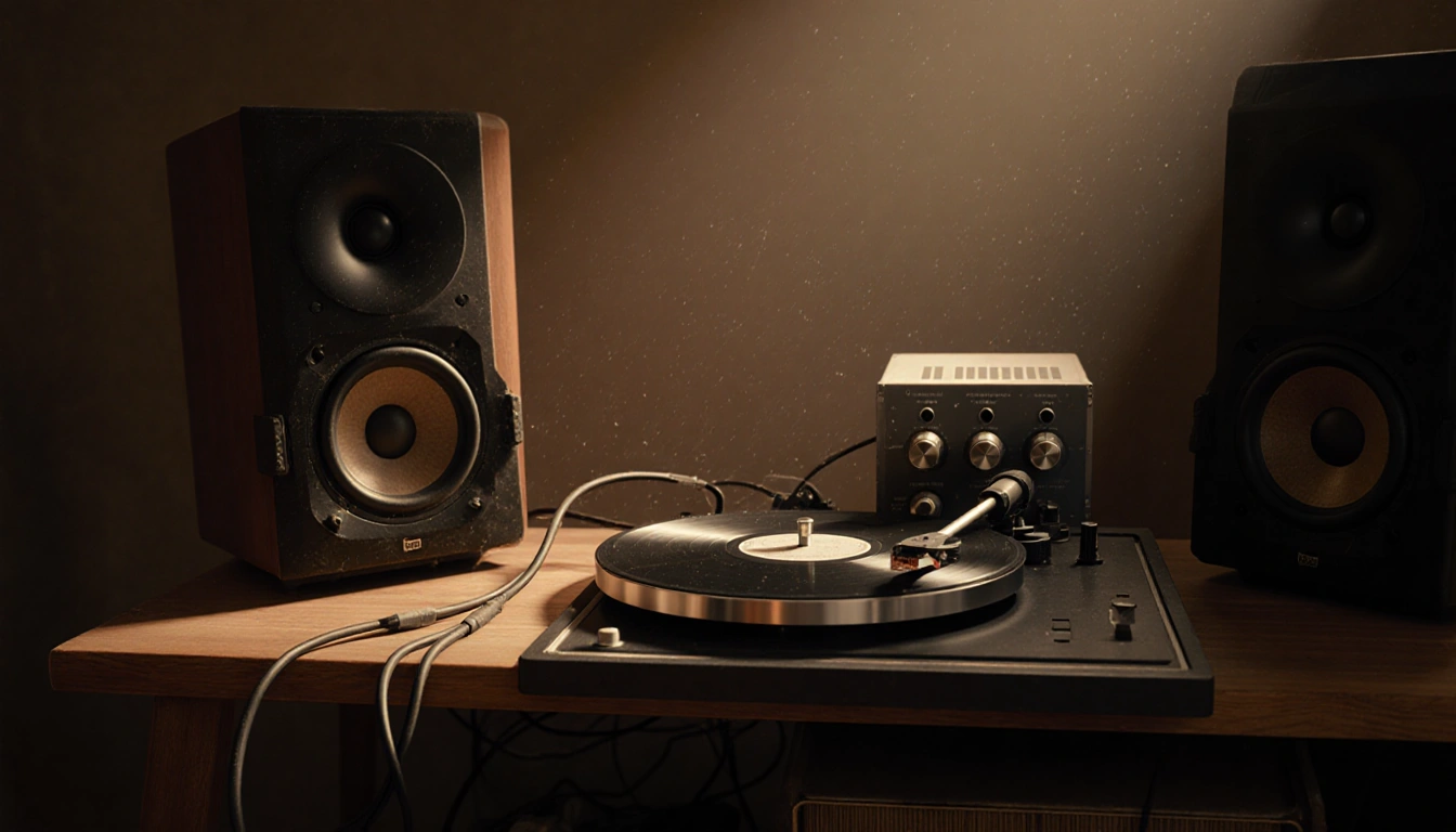 Vinyl record player spins on wooden table with preamp beside it and warm lighting illuminating speaker cones