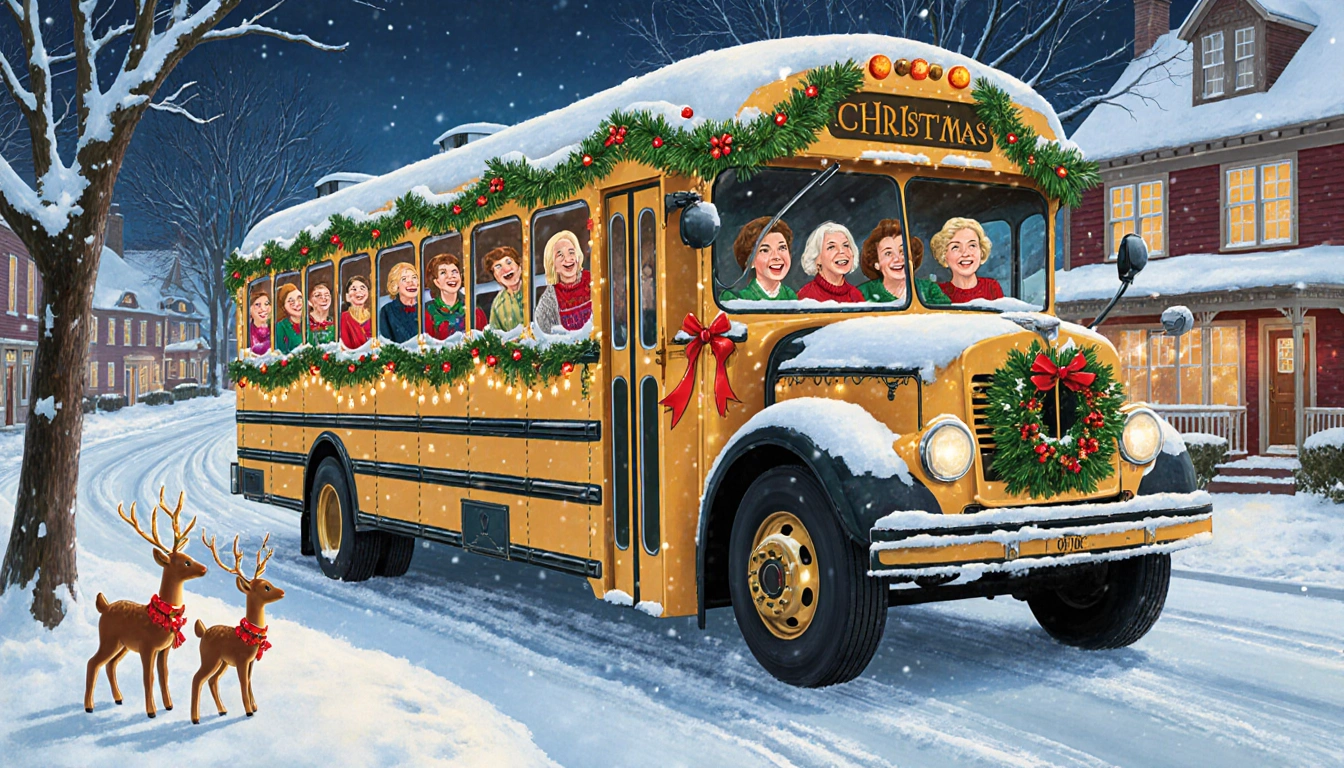 Vintage coach bus winding through snow-covered street with festive lights and smiling women holding reindeer figurines