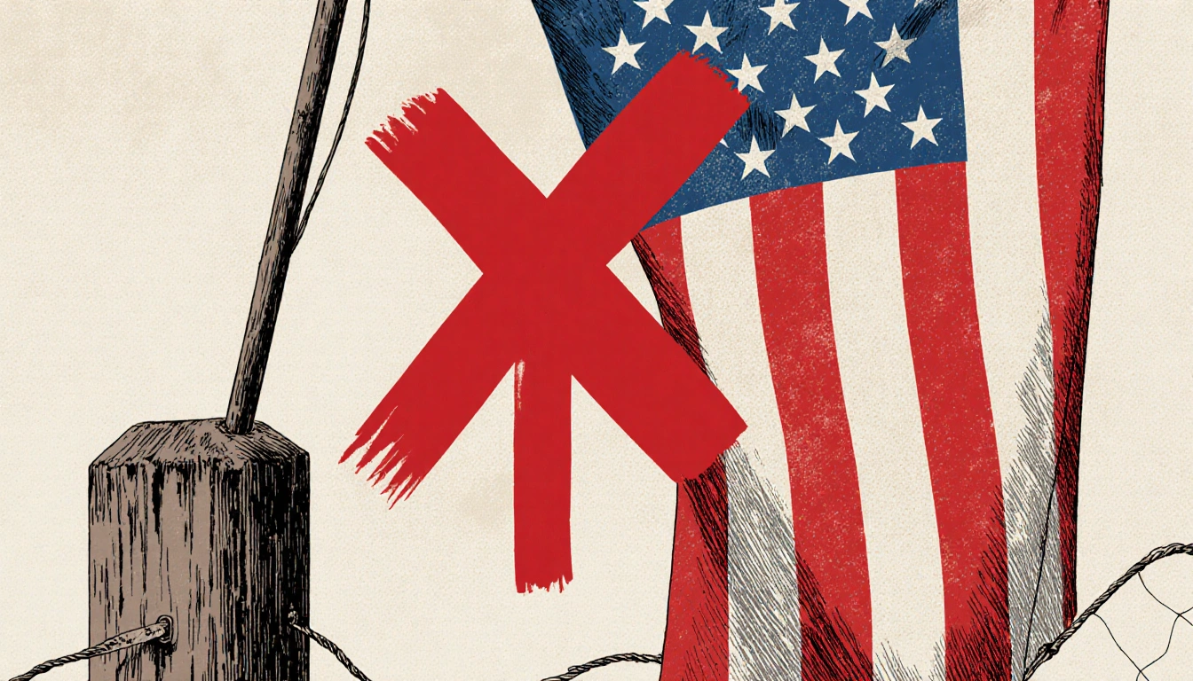 Flag hangs from a weathered fence post with an X over a red I signaling impeachment in Washington's Fourth with Republican hu