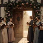 People holding vintage Jane Austen novels with a rustic wooden door and warm glow from The Cottage Museum behind them.