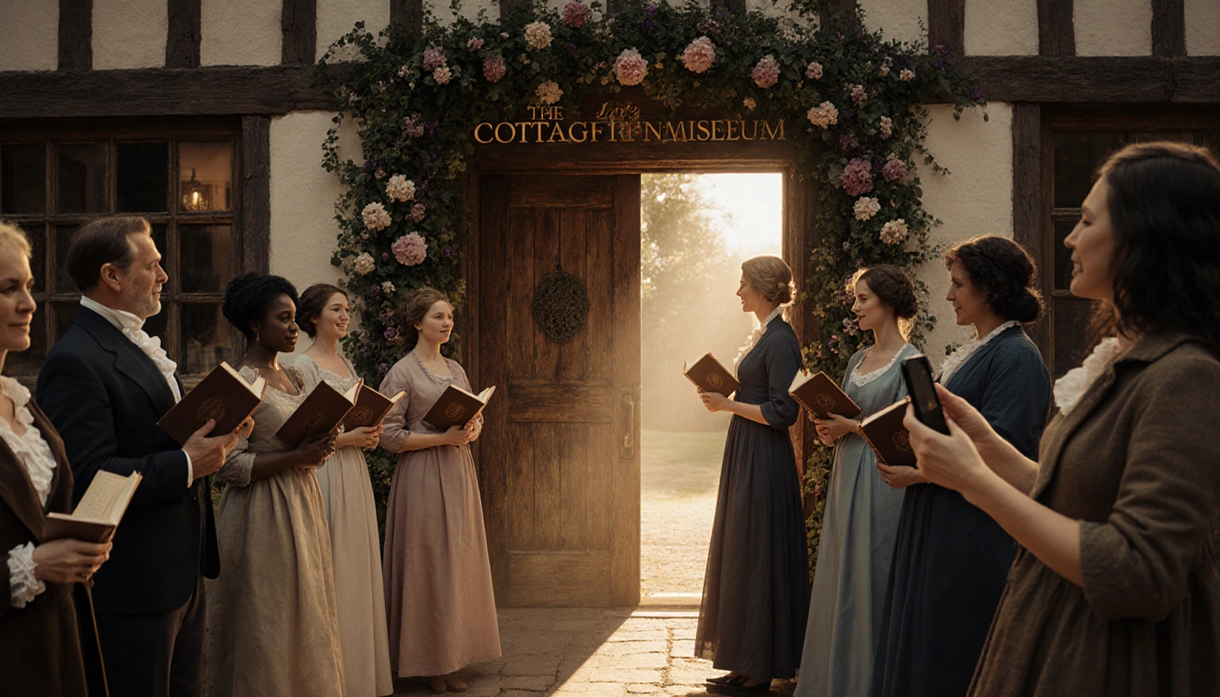 People holding vintage Jane Austen novels with a rustic wooden door and warm glow from The Cottage Museum behind them.