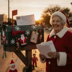 Woman smiling beside a decorated mailbox with colorful envelopes for Santa and scattered snowflakes in a dusk street.