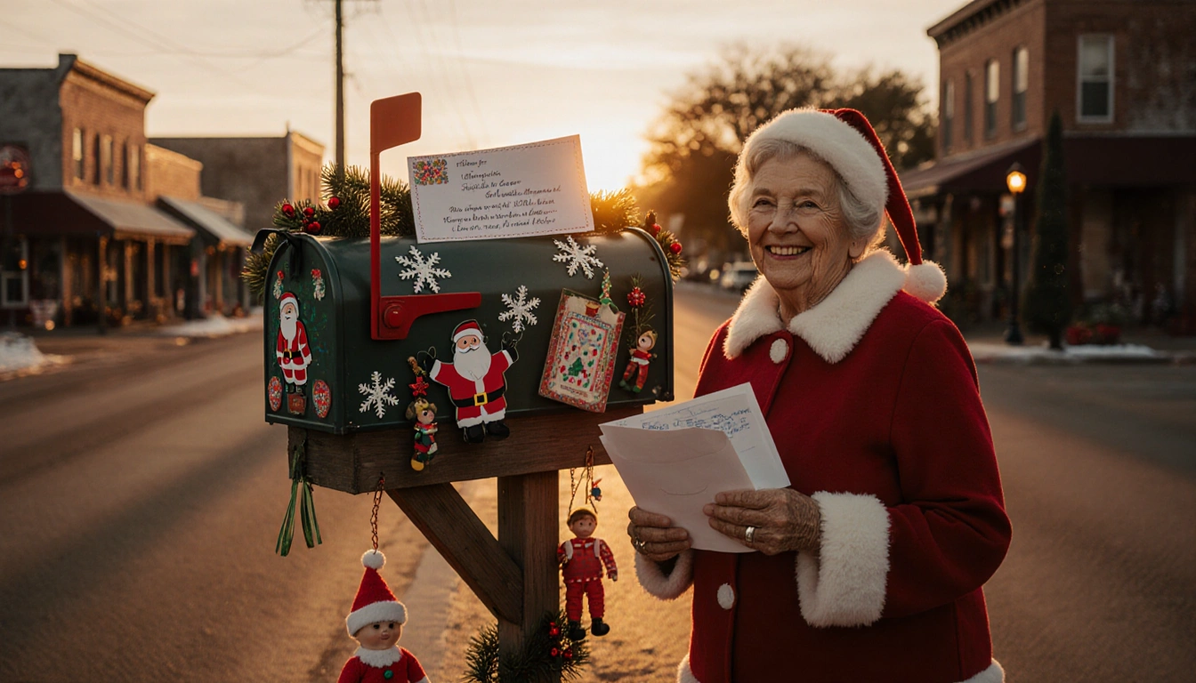 Woman smiling beside a decorated mailbox with colorful envelopes for Santa and scattered snowflakes in a dusk street.