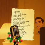 Vintage microphone stand holding handwritten lyrics with holiday decorations and a warm golden glow in a writing room