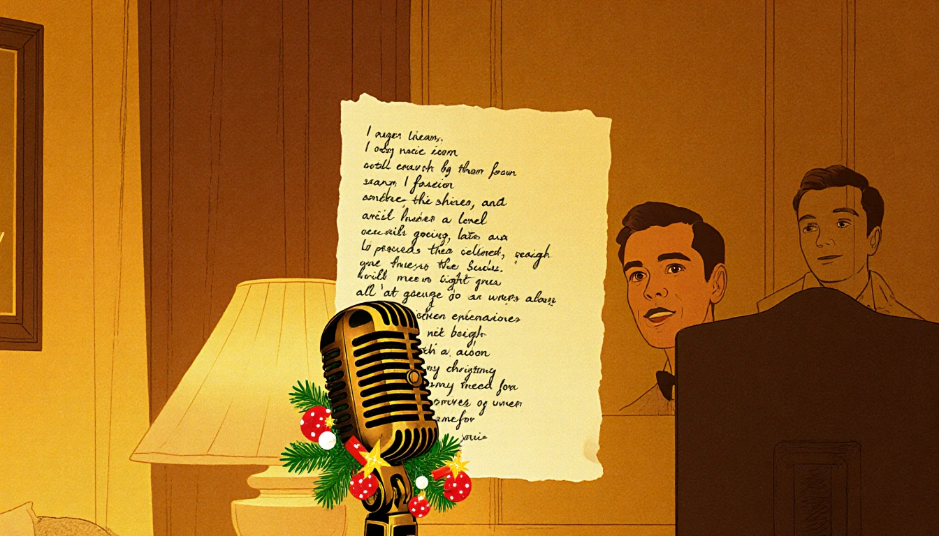 Vintage microphone stand holding handwritten lyrics with holiday decorations and a warm golden glow in a writing room