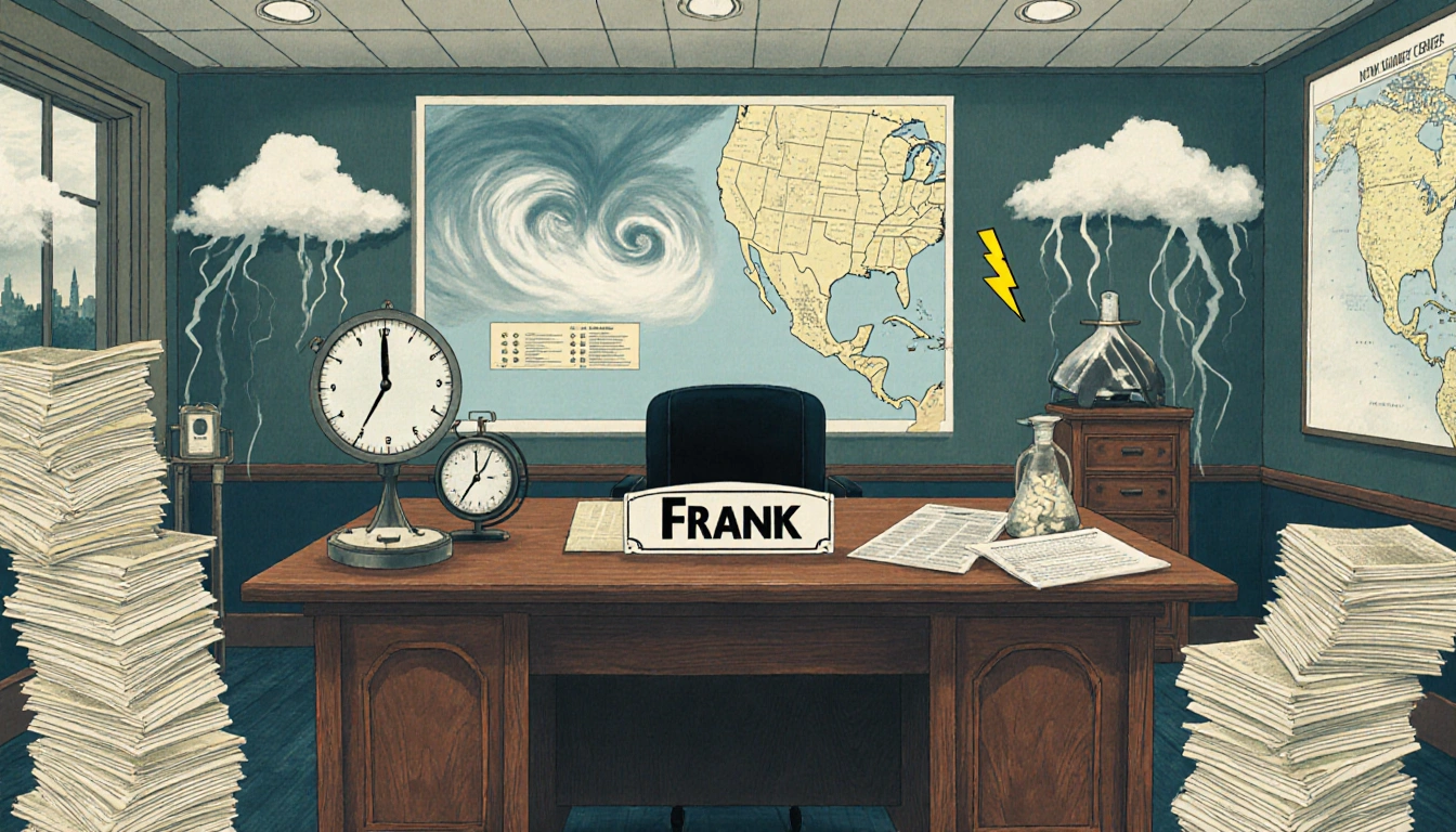 Vintage newsroom illustration shows a large wooden desk with nameplate Frank surrounded by newspapers and storm clouds